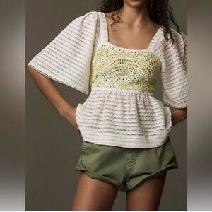 ANTHROPOLOGIE Sarah Hahn Cream Neon Crochet blouse 

Retailed for $148